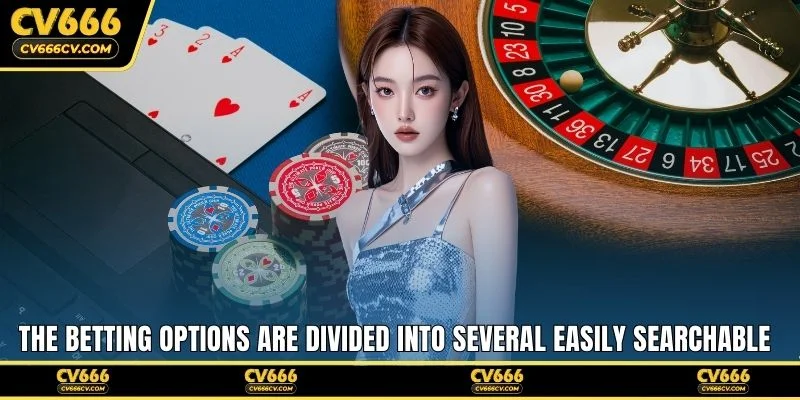 The betting options are divided into several easily searchable sections